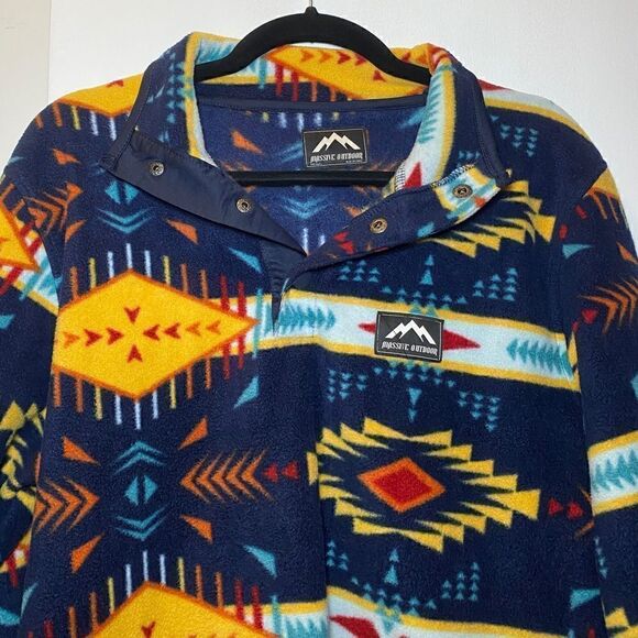 MASSIVE OUTDOOR Aztec Print Quarter Snap Fleece Pullover Blue Yellow Size Small - Picture 3 of 6